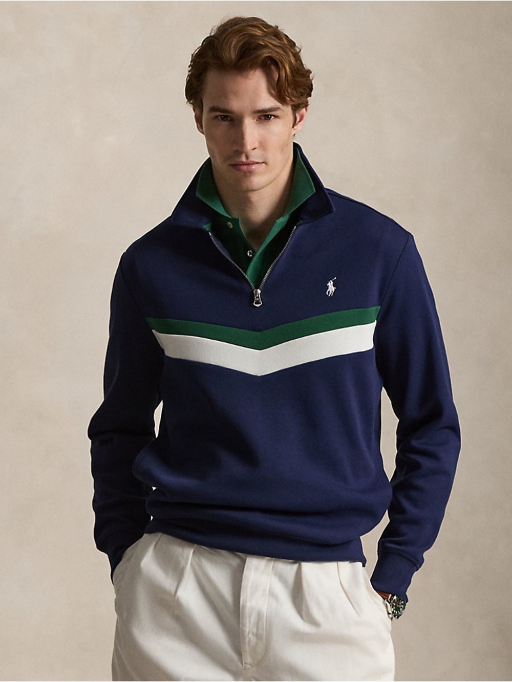 Polo by Ralph Lauren Navy Quarter-Zip Pullover with Green & White Chevron
